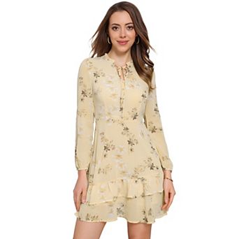 Women's Summer Layered Dress Tie V Neck Semi Sheer Long Sleeve Chiffon Mini Dress