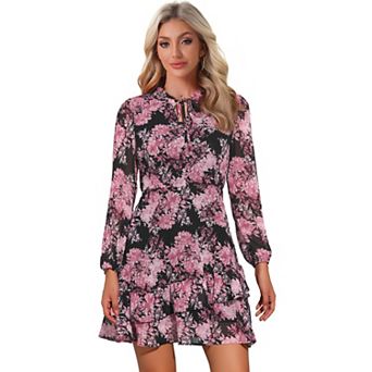 Women's Summer Layered Dress Tie V Neck Semi Sheer Long Sleeve Chiffon Mini Dress