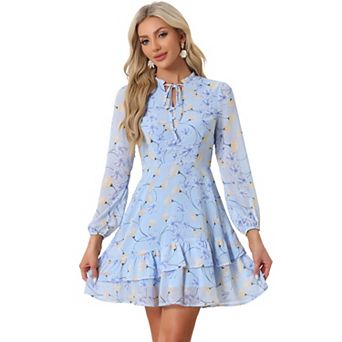 Women's Summer Layered Dress Tie V Neck Semi Sheer Long Sleeve Chiffon Mini Dress
