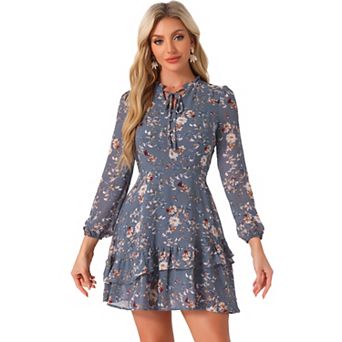 Women's Summer Layered Dress Tie V Neck Semi Sheer Long Sleeve Chiffon Mini Dress