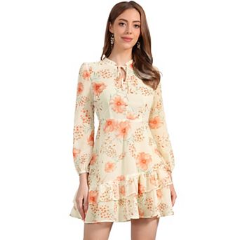 Women's Summer Layered Dress Tie V Neck Semi Sheer Long Sleeve Chiffon Mini Dress