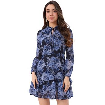 Women's Summer Layered Dress Tie V Neck Semi Sheer Long Sleeve Chiffon Mini Dress