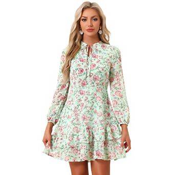 Women's Summer Layered Dress Tie V Neck Semi Sheer Long Sleeve Chiffon Mini Dress