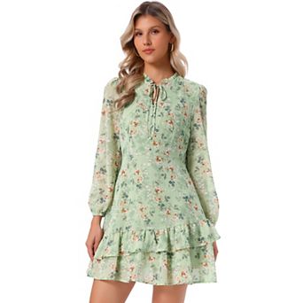 Women's Summer Layered Dress Tie V Neck Semi Sheer Long Sleeve Chiffon Mini Dress