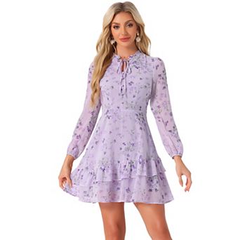 Women's Summer Layered Dress Tie V Neck Semi Sheer Long Sleeve Chiffon Mini Dress