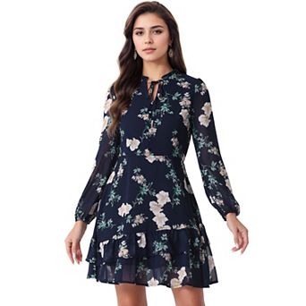 Women's Summer Layered Dress Tie V Neck Semi Sheer Long Sleeve Chiffon Mini Dress