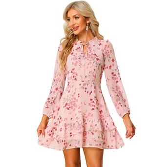 Women's Summer Layered Dress Tie V Neck Semi Sheer Long Sleeve Chiffon Mini Dress