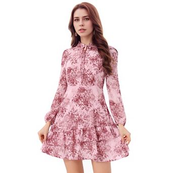 Women's Summer Layered Dress Tie V Neck Semi Sheer Long Sleeve Chiffon Mini Dress