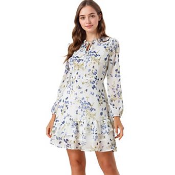 Women's Summer Layered Dress Tie V Neck Semi Sheer Long Sleeve Chiffon Mini Dress