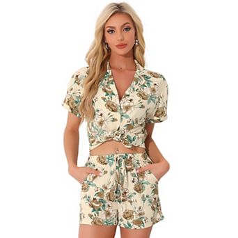 Women Hawaiian Shirt and Shorts Set Tropical Summer Button Down Sets
