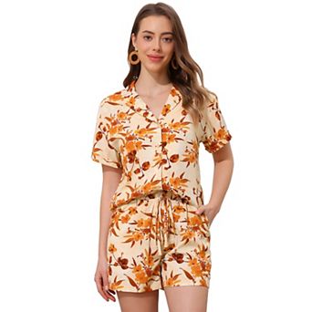 Women Hawaiian Shirt and Shorts Set Tropical Summer Button Down Sets