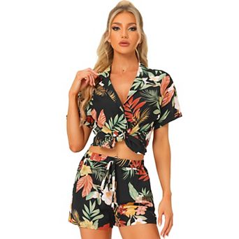 Women Hawaiian Shirt and Shorts Set Tropical Summer Button Down Sets