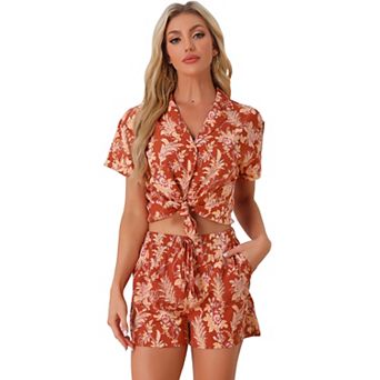 Women Hawaiian Shirt and Shorts Set Tropical Summer Button Down Sets