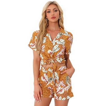 Women Hawaiian Shirt and Shorts Set Tropical Summer Button Down Sets