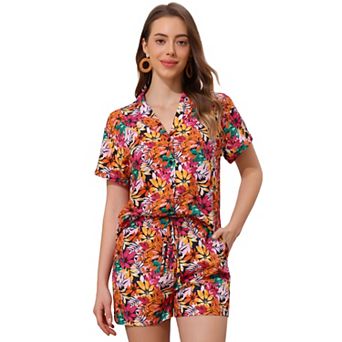 Women Hawaiian Shirt and Shorts Set Tropical Summer Button Down Sets