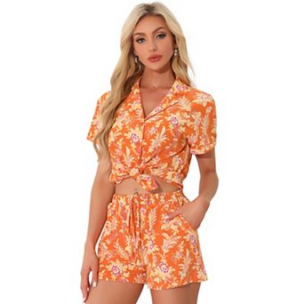 Women Hawaiian Shirt and Shorts Set Tropical Summer Button Down Sets