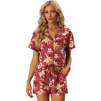 Women Hawaiian Shirt and Shorts Set Tropical Summer Button Down Sets