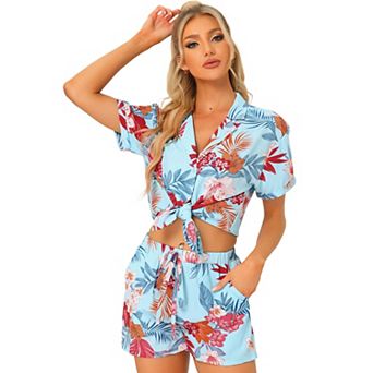 Women Hawaiian Shirt and Shorts Set Tropical Summer Button Down Sets