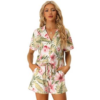 Women Hawaiian Shirt and Shorts Set Tropical Summer Button Down Sets