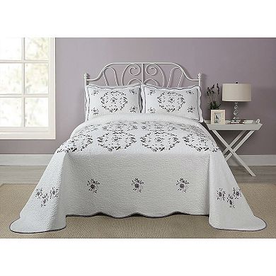 Queen Size Cotton Bedspread With Scalloped Edges And Floral Print Embroidery