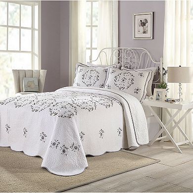 Queen Size Cotton Bedspread With Scalloped Edges And Floral Print Embroidery