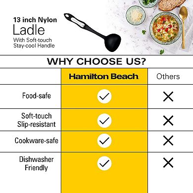 Hamilton Beach Plastic Ladle Spoon For Cooking , Non-slip Solid Long Nylon Soft Touch Handle 13 In