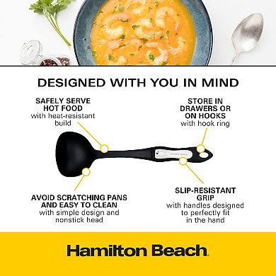 Hamilton Beach Plastic Ladle Spoon For Cooking , Non-slip Solid Long Nylon Soft Touch Handle 13 In