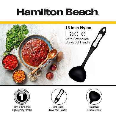 Hamilton Beach Plastic Ladle Spoon For Cooking , Non-slip Solid Long Nylon Soft Touch Handle 13 In