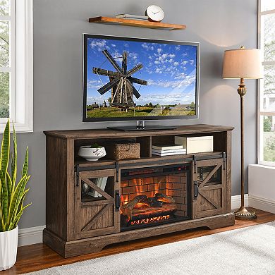 60 Inch Rustic Oak Electric Fireplace Entertainment Center With Door Sensor, Remote