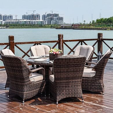 7-piece Outdoor Wicker Aluminum Round Table Dining Furniture Set With Cushions