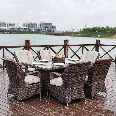 7-piece Outdoor Wicker Aluminum Rectangular Table Dining Furniture Set With Cushions