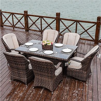 7-piece Outdoor Wicker Aluminum Rectangular Table Dining Furniture Set With Cushions