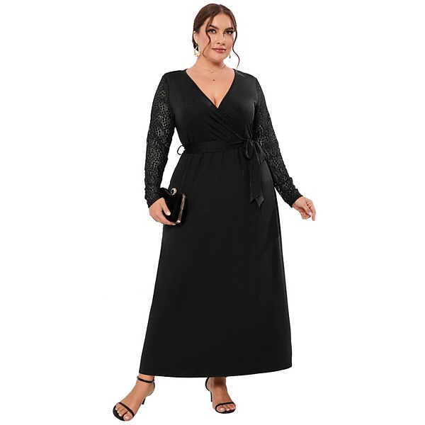 chinese dress ladies Final Sale Plus Size Shiny Faux Wrap Gown with Slit in Black main image 1