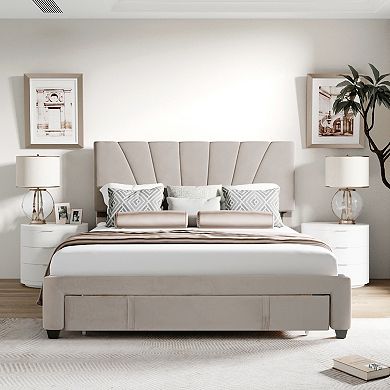 Merax Storage Bed Velvet Upholstered Platform Bed with A Big Drawer