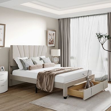 Merax Storage Bed Velvet Upholstered Platform Bed with A Big Drawer