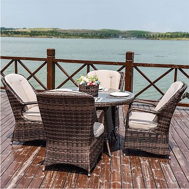 5-piece Outdoor Wicker Aluminum Round Table Dining Furniture Set With Cushions