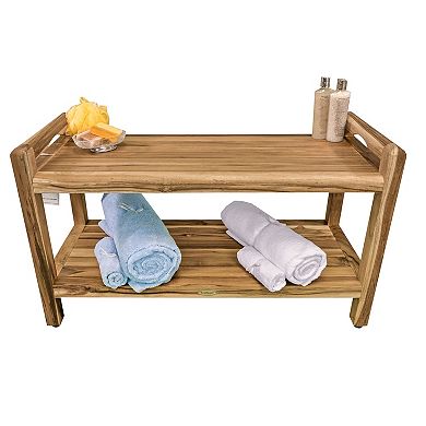 Eleganto 35" Teak Wood Shower Bench With LiftAide Arms And Shelf