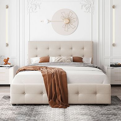 Merax Upholstered Platform Bed with Classic Headboard and 4 Drawers