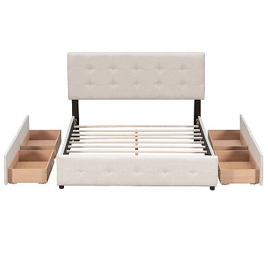 Merax Upholstered Platform Bed with Classic Headboard and 4 Drawers