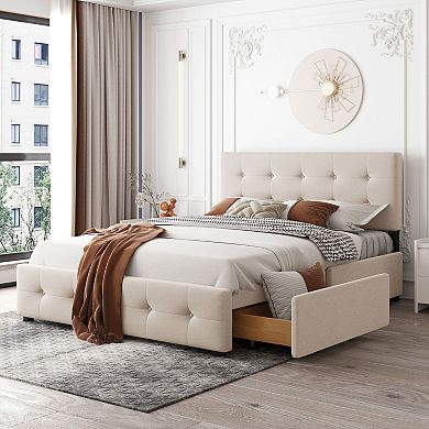 Merax Upholstered Platform Bed with Classic Headboard and 4 Drawers