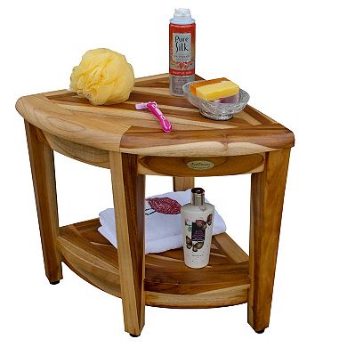 SnazzyCorner 18" Height Teak Wood  Corner Shower Bench With Shelf