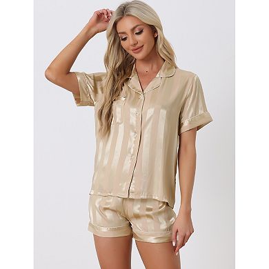 Womens Satin Button Down Short Sleeve Shirt And Shorts Pajama Set