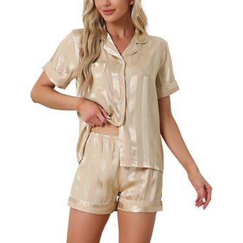 Women's Satin Button Down Short Sleeve Shirt and Shorts Pajama Set