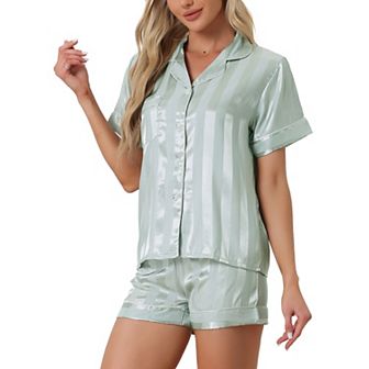 Women's Satin Button Down Short Sleeve Shirt and Shorts Pajama Set