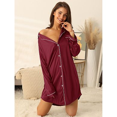 Womens Satin Button Down Nightgown Long Sleeve Silky Boyfriend Nightshirt