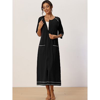 Women Zipper Robe Long Sleeve Loungewear Housecoat Midi Nightgown With Pockets