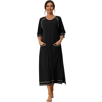 Women Zipper Robe Long Sleeve Loungewear Housecoat Midi Nightgown With Pockets