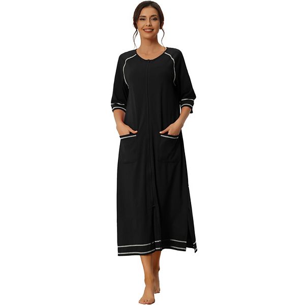Women Zipper Robe Long Sleeve Loungewear Housecoat Midi Nightgown With