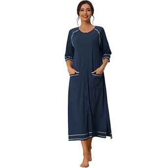 Women Zipper Robe Long Sleeve Loungewear Housecoat Midi Nightgown With Pockets
