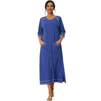 Women Zipper Robe Long Sleeve Loungewear Housecoat Midi Nightgown With Pockets
